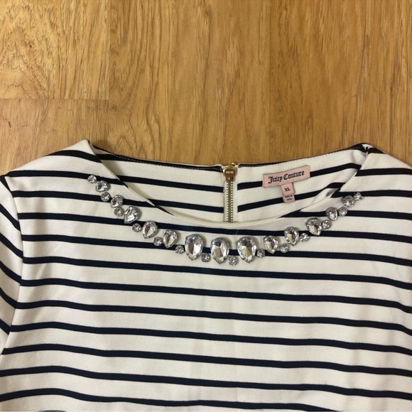 Juicy Couture Black and White Striped Dress with 3/4 Sleeves/Crystal Neckline - Picture 4 of 10
